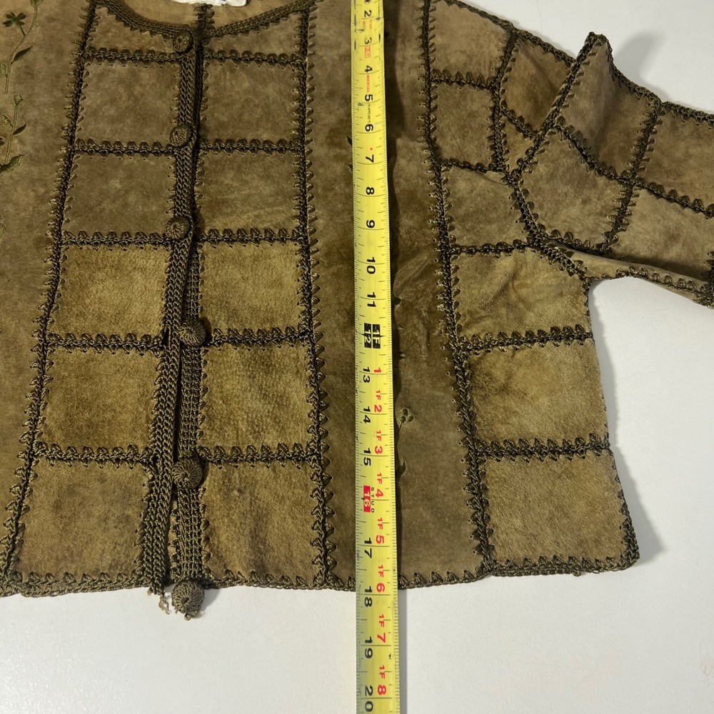 Vintage 90s Cardigan Jacket Womens S Suede Leather Crochet Trim Boho Patchwork - Picture 6 of 8